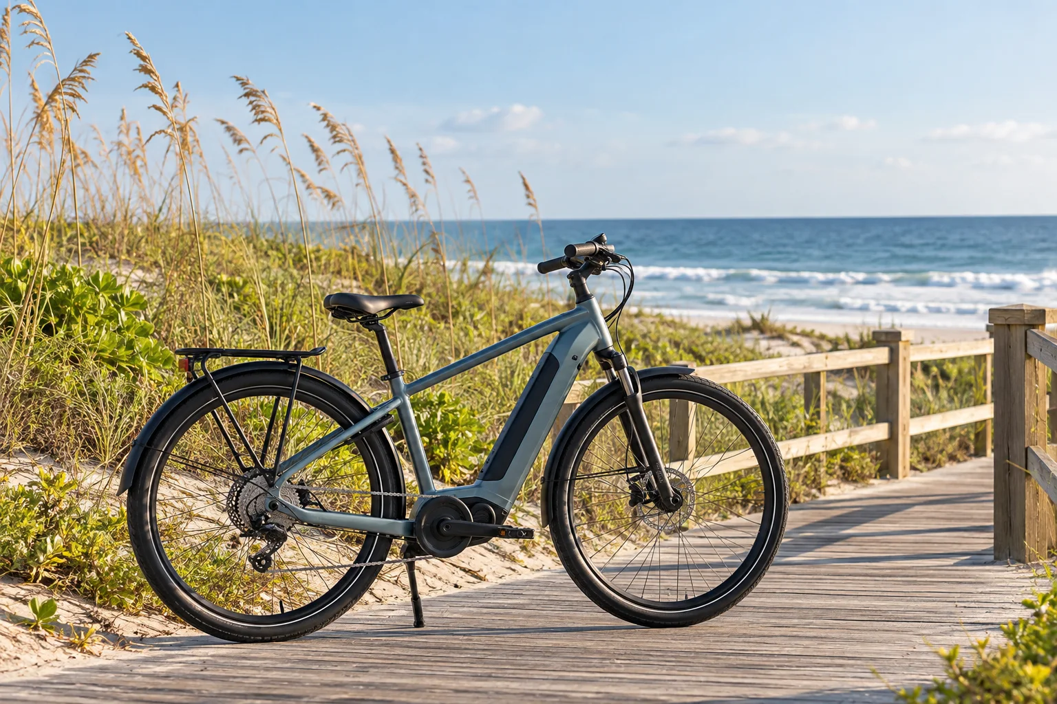 Illustrative electric bicycle beside a beach boardwalk