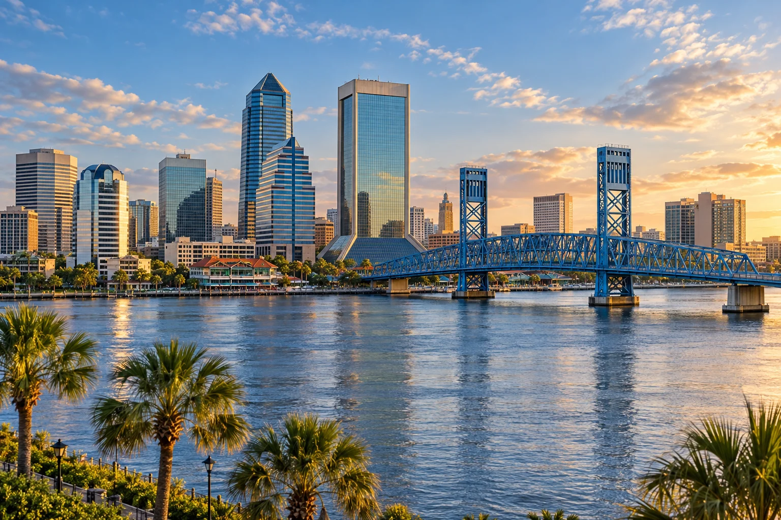 Illustrative riverfront panorama inspired by Jacksonville